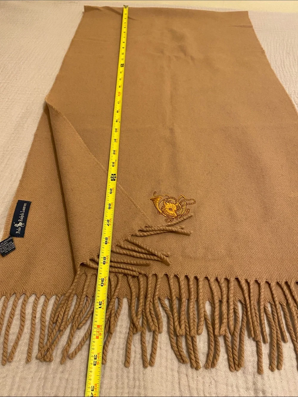 Polo by Ralph Lauren Cashmere Tan Fringed Wool Scarf with Embroidered Crest